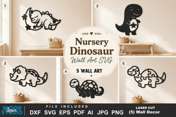 Download 5 Nursery Dinosaur Wall Art SVG Bundle - Wall art Collection